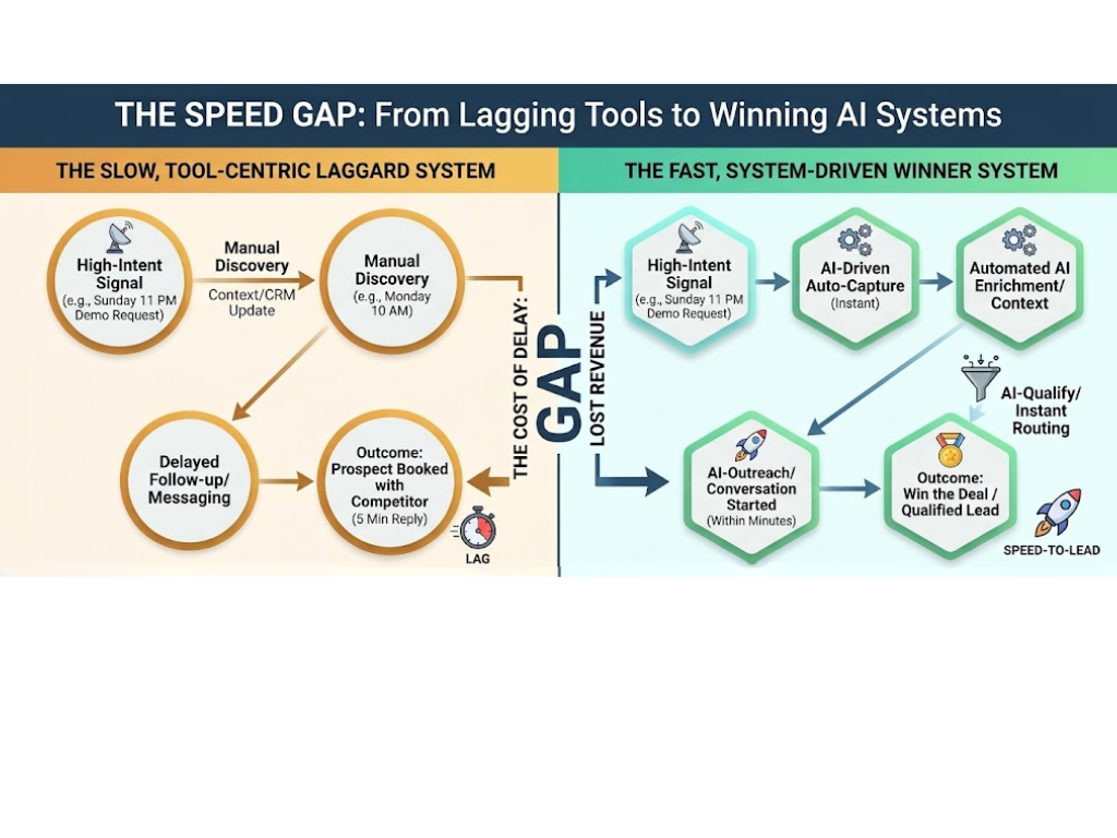 A side-by-side comparison chart titled "The Speed Gap," showing how a Sunday night demo request is handled by two different setups. On the left, a manual, tool-centric process takes until Monday morning, losing the prospect to a faster competitor. On the right, an automated AI workflow captures, enriches, and responds to the lead within minutes, successfully winning the deal.