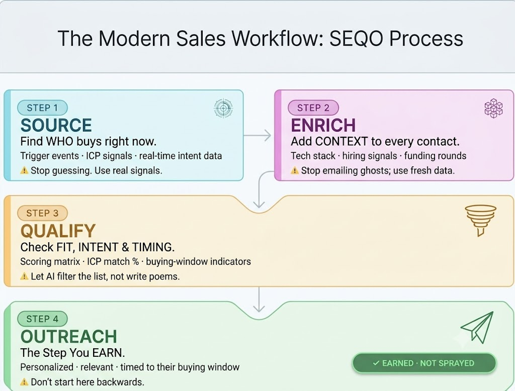A clean, four-step digital flowchart detailing the modern SEQO sales workflow on a light background. It progresses through color-coded stages: Source (light blue, finding the right buyers), Enrich (magenta, adding contact context), Qualify (yellow-gold, checking fit and timing), and Outreach (green, the "earned" engagement step). Each step includes an icon, a "how-to" bullet list, and a practical warning tip. The green Outreach step at the bottom highlights a final "Earned • Not Sprayed" badge with a paper airplane.
