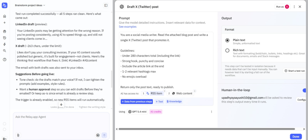 Relay.app five-step workflow generating LinkedIn and X drafts from an RSS blog post with human approval before publishing.
