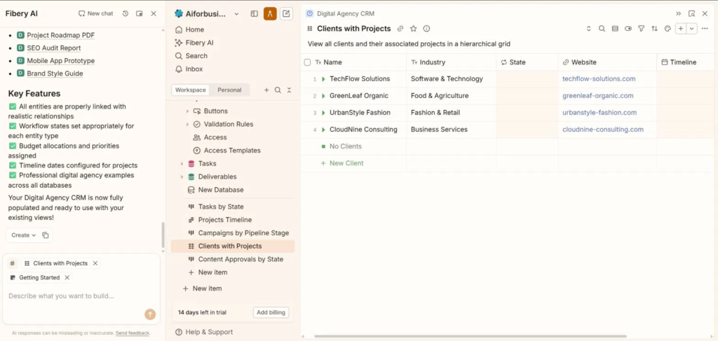 Fibery AI interface showing a Digital Agency CRM with clients with projects view, hierarchical grid, and connected workflow states built using the AI chat panel.
