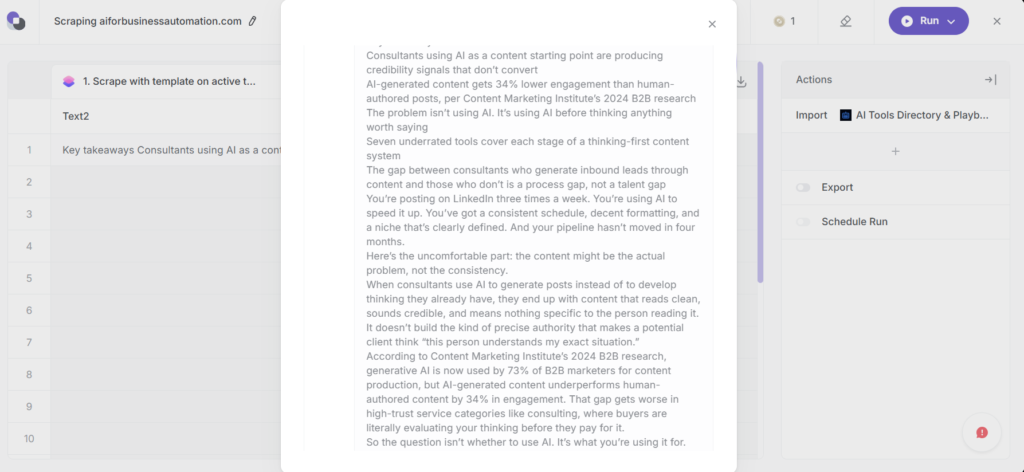 Bardeen.ai workflow scraping aiforbusinessautomation.com using a template, with extracted content visible in a structured preview and schedule run option on the right panel.
