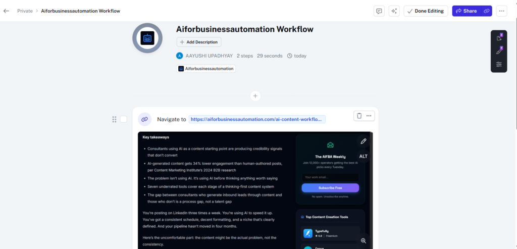 Scribe interface showing an Aiforbusinessautomation workflow with two auto-documented steps including a navigate action and live page preview captured automatically.
