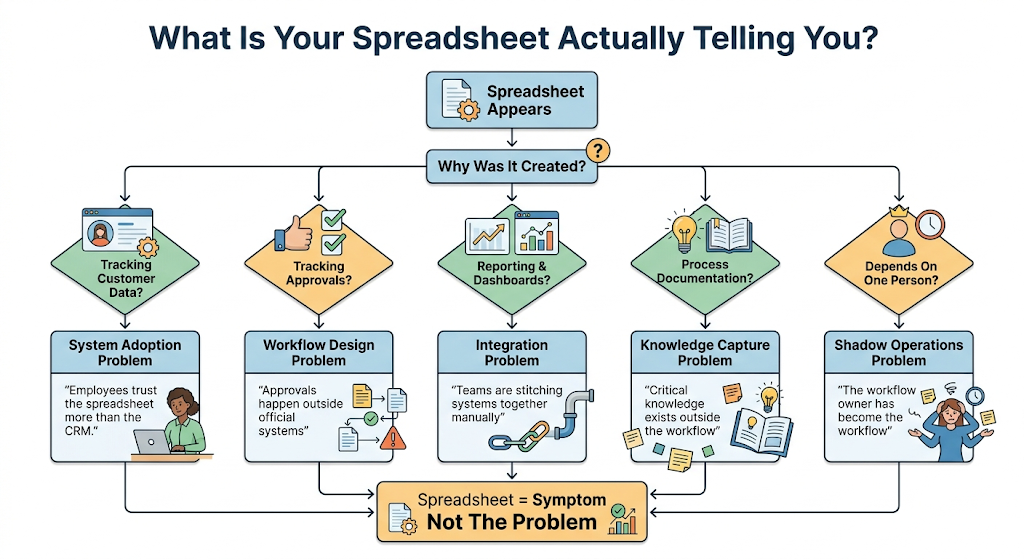A clear operational flowchart titled 'What Is Your Spreadsheet Actually Telling You?' that diagnoses system failures based on tracking habits. It maps out how tracking customer data signals a system adoption problem, tracking approvals reveals a workflow design breakdown, manual reporting indicates integration issues, and relying on one person exposes shadow operations. The chart concludes with the core premise: a spreadsheet is a symptom, not the underlying problem.