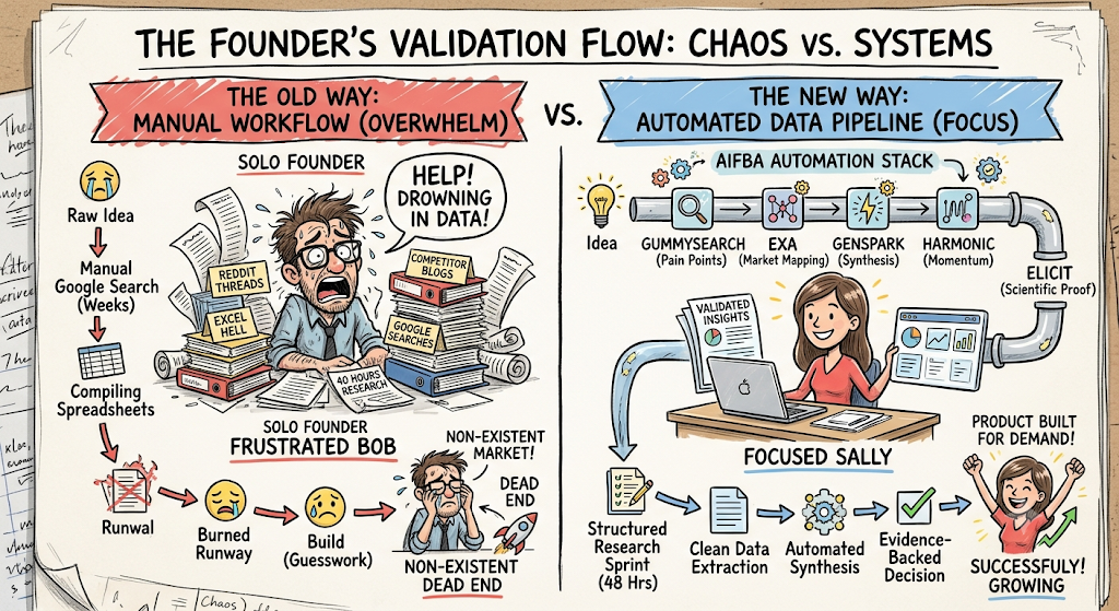A hand-drawn caricature-style infographic about the contrast between the frustrated founder and the automated workflow, called “The Founder’s Validation Flow: Chaos vs. Systems.” On the left flows a disorganized mess of paper scraps labeled “Excel Hell” and “Reddit Threads” leading down a path of ash-laden runway, while on the right a focused Sally directs a tidy array of digital tools - GummySearch, Exa, Genspark, Harmonic, Elicit - in the construction of a thriving product launch pipeline.