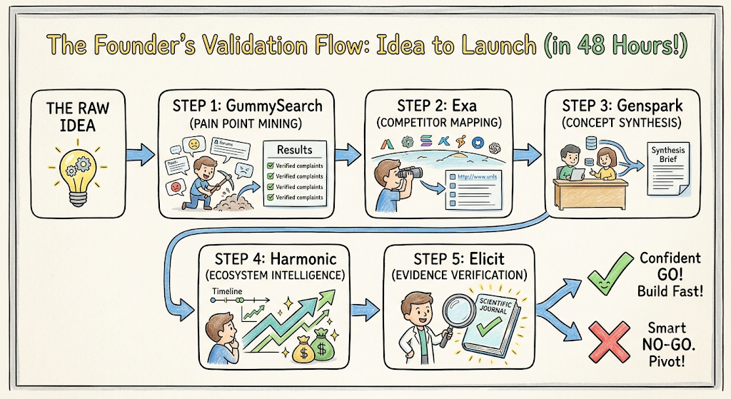 A clean, minimalist hand-drawn flowchart diagram of the 5-step validation process for a solo founder. An horizontal and sequential pipeline depicts the validation journey. On the left side, GummySearch is used to identify pains, Exa to map competitors, Genspark to build concepts, Harmonic to research the ecosystem, and Elicit to gather evidence. The pipeline ends with a fork leading to either a confident "GO" (build fast) or a smart "NO-GO".