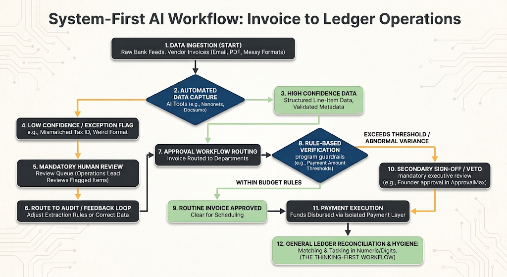 A 12-step finance workflow showing where automation handles the work, where humans step in to review low-confidence data, and how rule-based checks in ApprovalMax lead to final reconciliation in Numeric or Digits.This workflow shows exactly where automation should stop and human review should take over, highlighting key checkpoints that prevent bad data from reaching your general ledger.