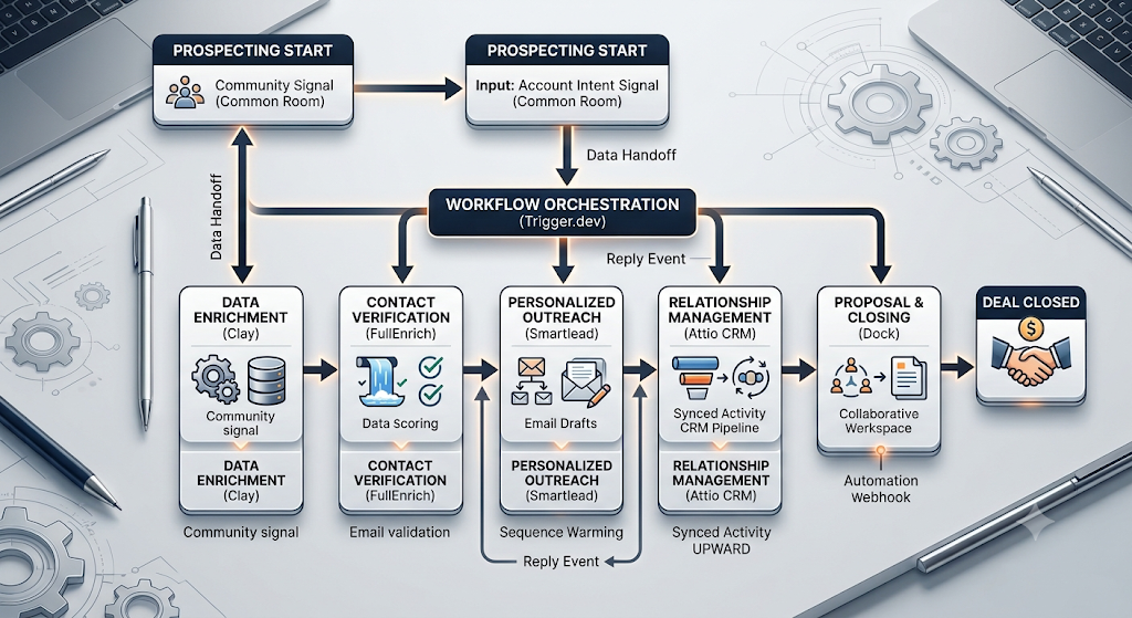A clean flowchart showing a 7-step AI sales workflow for solo founders, from finding buying signals in Common Room to enriching leads, verifying contacts, sending personalized outreach, syncing with the CRM, and automatically generating collaborative proposals with Trigger.dev.