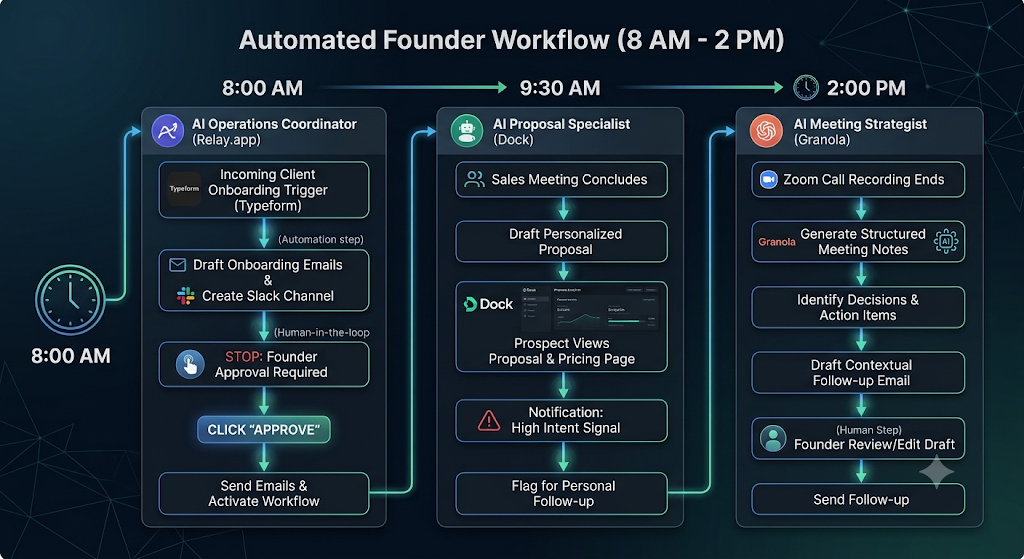 A process map showing how a founder's morning runs on autopilot from 8:00 AM to 2:00 PM. Set on a dark, modern interface, the timeline highlights how AI automates key operational tasks throughout the day. It starts with onboarding approvals in Relay.app at 8:00 AM, moves to prospect activity signals from Dock at 9:30 AM, and ends with meeting summaries and AI-generated email drafts from Zoom and Granola at 2:00 PM. Connected arrows and workflow lines illustrate how information flows automatically between tools, allowing the founder to spend less time on execution and more time making decisions.