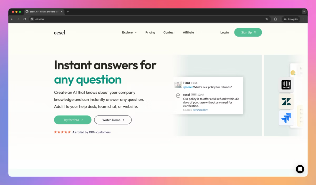 Screenshot of the Eesel AI platform interface for AI knowledge management and enterprise search.