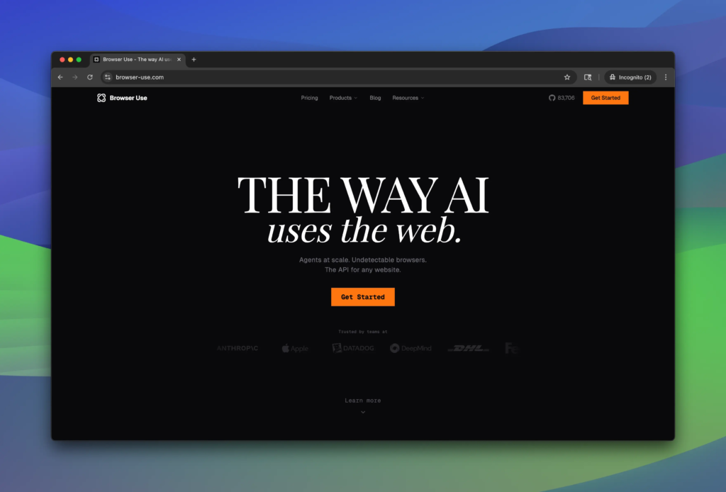 Screenshot of the Browser Use platform interface for AI-powered browser automation and web tasks.
