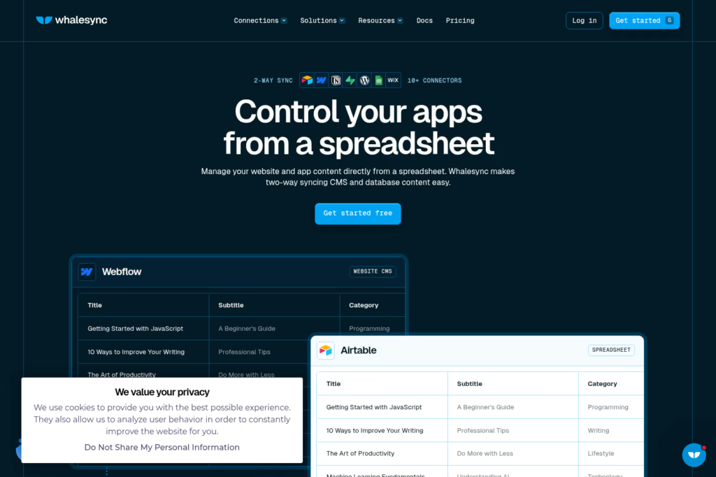 Screenshot of the Whalesync platform interface for synchronizing data between business applications.