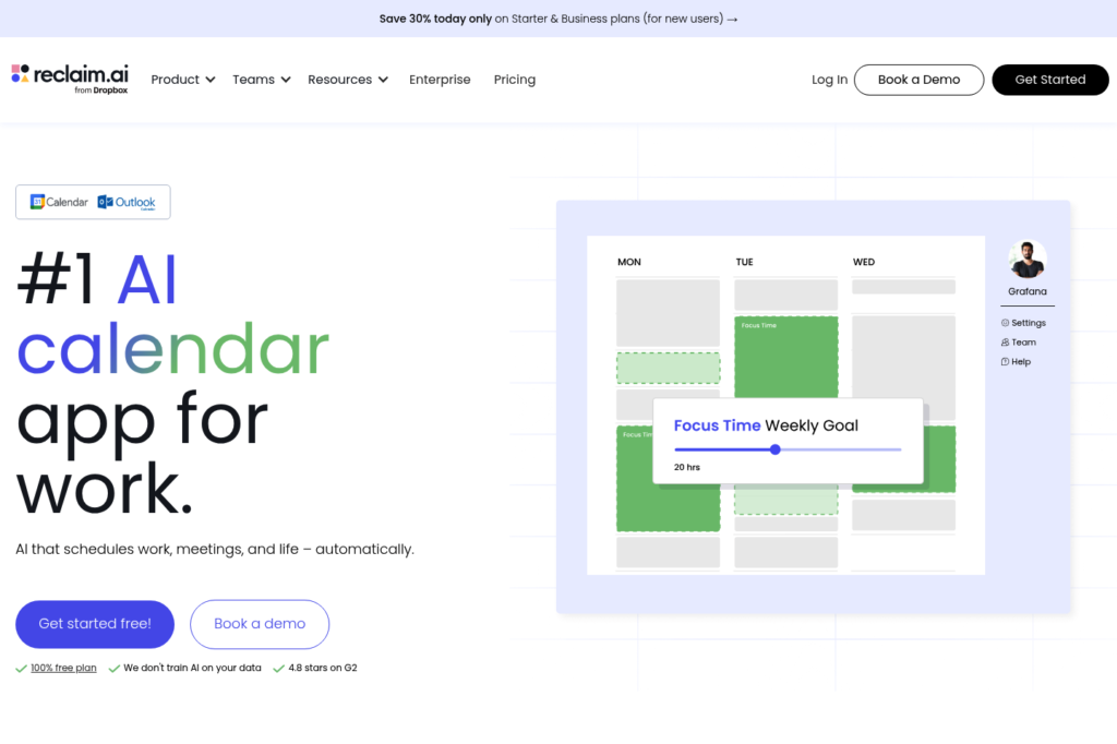 Screenshot of the Reclaim AI scheduling platform interface for calendar management and focus time planning.