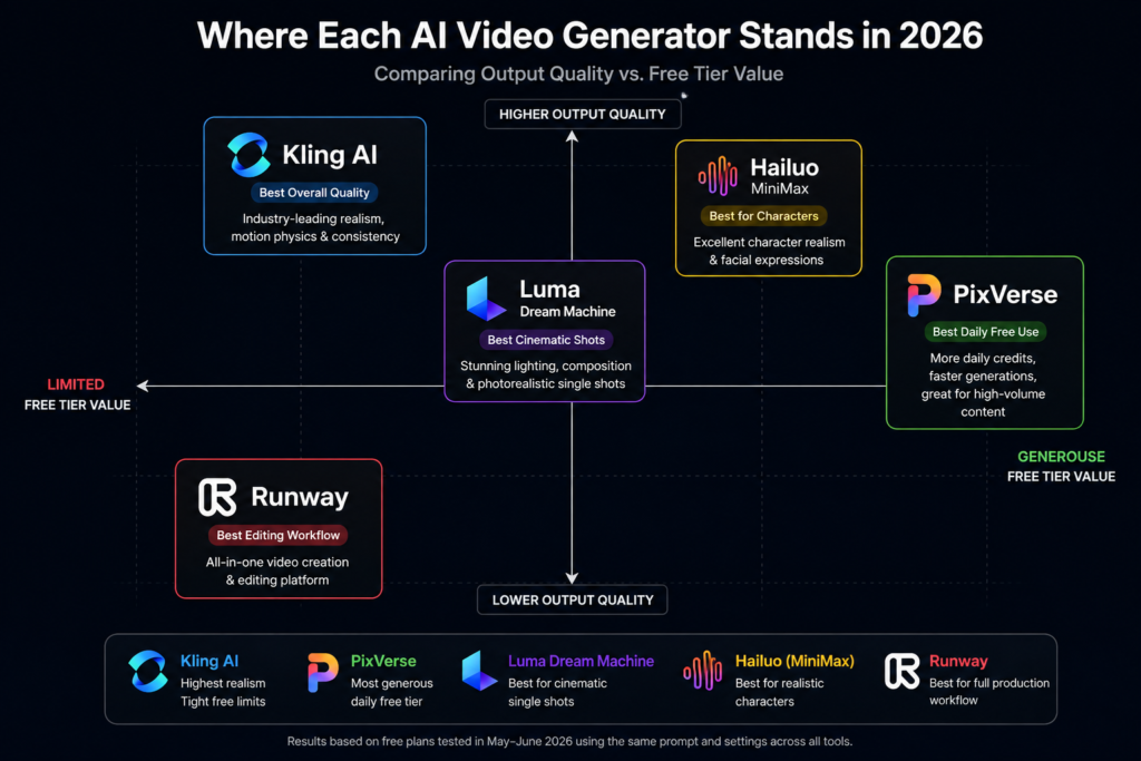 Positioning map comparing Kling AI, PixVerse, Luma Dream Machine, Hailuo (MiniMax), and Runway based on output quality and the value of their free plans.