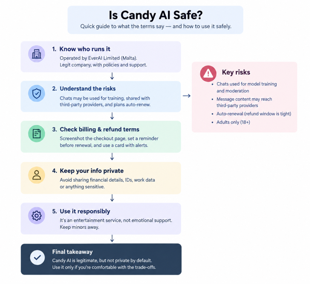 Simple flowchart explaining Candy AI safety, covering company legitimacy, chat privacy risks, billing and refunds, personal data protection, age restrictions, and responsible use.